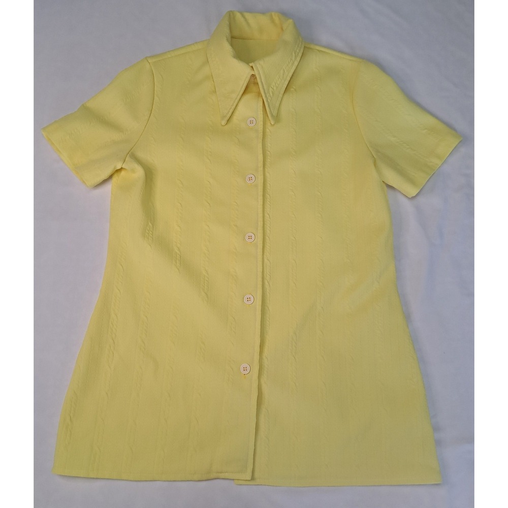 Vintage‎ 70's Yellow M Dagger Point Collar Button-Up Blouse Retro Bright Disco - Picture 1 of 5